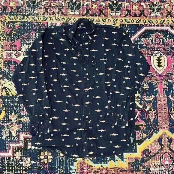 Chaps Ralph Lauren Button Down Shirt Navy Blue Fish Print Mens Large - Picture 1 of 1